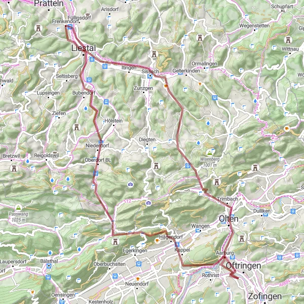 Miniatura della mappa di ispirazione al ciclismo "Giro in bicicletta tra Frenkendorf e Waldenburg" nella regione di Nordwestschweiz, Switzerland. Generata da Tarmacs.app, pianificatore di rotte ciclistiche