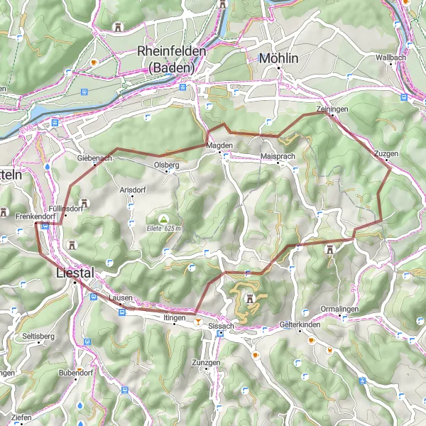 Miniatura della mappa di ispirazione al ciclismo "Voglia di avventura: cicloturismo da Frenkendorf a Ergolz-Wasserfall" nella regione di Nordwestschweiz, Switzerland. Generata da Tarmacs.app, pianificatore di rotte ciclistiche