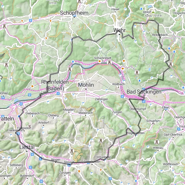 Miniatura della mappa di ispirazione al ciclismo "Giro in bicicletta tra montagne e città sul Reno" nella regione di Nordwestschweiz, Switzerland. Generata da Tarmacs.app, pianificatore di rotte ciclistiche