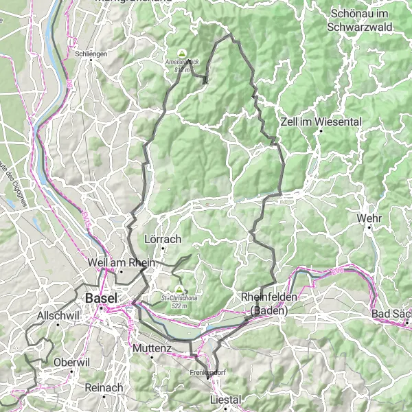 Miniatura della mappa di ispirazione al ciclismo "Tra città e natura: tour in bicicletta lungo il Reno" nella regione di Nordwestschweiz, Switzerland. Generata da Tarmacs.app, pianificatore di rotte ciclistiche