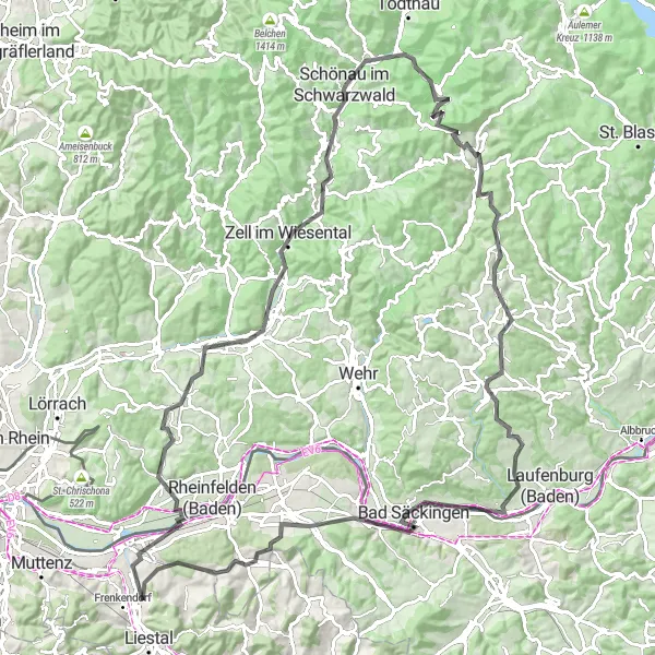 Zemljevid v pomanjšavi "Velika kolesarska avantura okoli Frenkendorfa" kolesarske inspiracije v Nordwestschweiz, Switzerland. Generirano z načrtovalcem kolesarskih poti Tarmacs.app