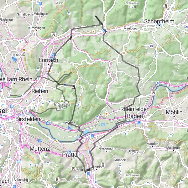 Miniatura della mappa di ispirazione al ciclismo "Giro in bicicletta su strada da Frenkendorf a Rheinfelden (Baden)" nella regione di Nordwestschweiz, Switzerland. Generata da Tarmacs.app, pianificatore di rotte ciclistiche
