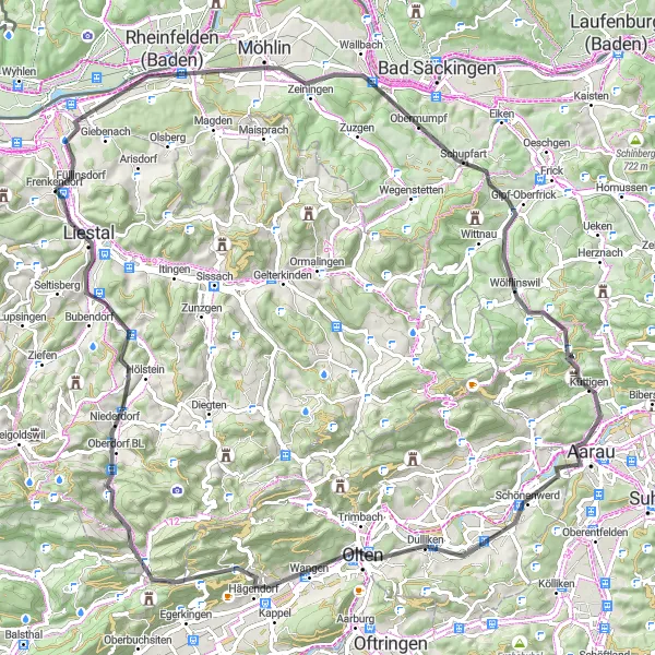 Miniatura della mappa di ispirazione al ciclismo "Alla scoperta dei tesori lungo il Reno in bicicletta" nella regione di Nordwestschweiz, Switzerland. Generata da Tarmacs.app, pianificatore di rotte ciclistiche