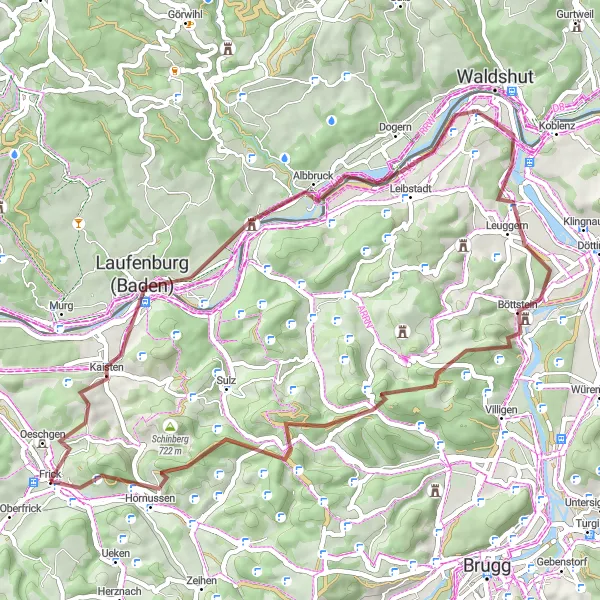 Miniatua del mapa de inspiración ciclista "Ruta de Grava desde Laufenburg a Frick" en Nordwestschweiz, Switzerland. Generado por Tarmacs.app planificador de rutas ciclistas