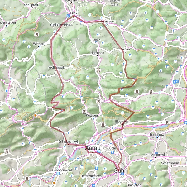 Map miniature of "Frick to Hornussen Loop" cycling inspiration in Nordwestschweiz, Switzerland. Generated by Tarmacs.app cycling route planner