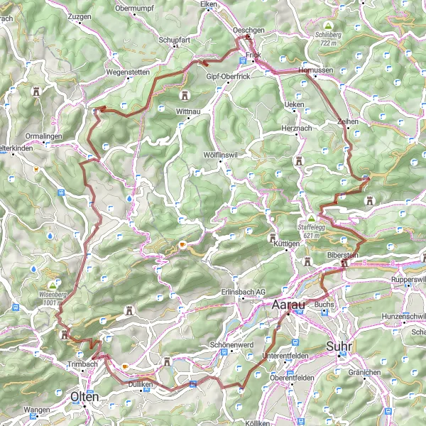 Miniatura della mappa di ispirazione al ciclismo "Gravel Tour delle Colline di Frick" nella regione di Nordwestschweiz, Switzerland. Generata da Tarmacs.app, pianificatore di rotte ciclistiche