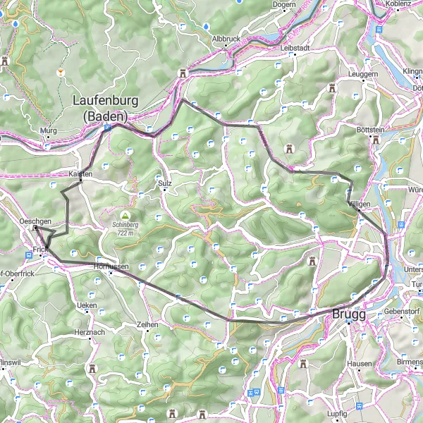 Miniatua del mapa de inspiración ciclista "Ruta en Carretera de Frick a Laufenburg" en Nordwestschweiz, Switzerland. Generado por Tarmacs.app planificador de rutas ciclistas