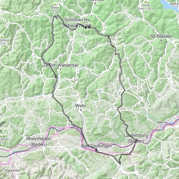 Miniatua del mapa de inspiración ciclista "Ruta en Carretera desde Frick hasta Schwarzwald" en Nordwestschweiz, Switzerland. Generado por Tarmacs.app planificador de rutas ciclistas