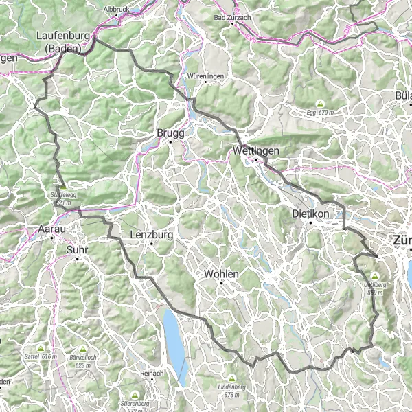 Miniatua del mapa de inspiración ciclista "Ruta de ciclismo de ida y vuelta desde Frick con paisajes impresionantes" en Nordwestschweiz, Switzerland. Generado por Tarmacs.app planificador de rutas ciclistas