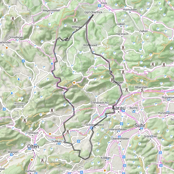 Map miniature of "Frick to Wasserflue Circuit" cycling inspiration in Nordwestschweiz, Switzerland. Generated by Tarmacs.app cycling route planner