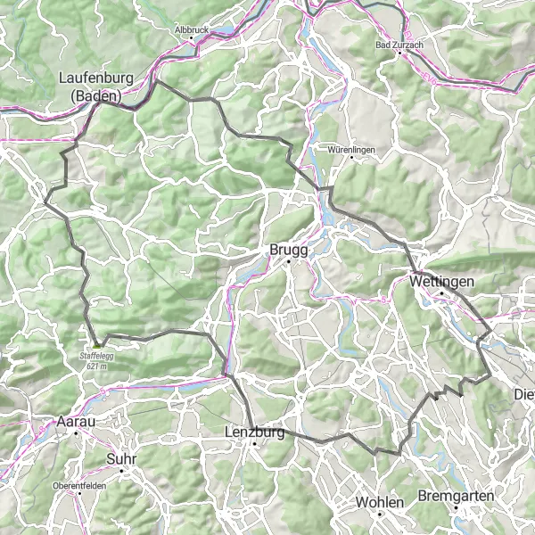 Map miniature of "Frick to Lenzburg Loop" cycling inspiration in Nordwestschweiz, Switzerland. Generated by Tarmacs.app cycling route planner