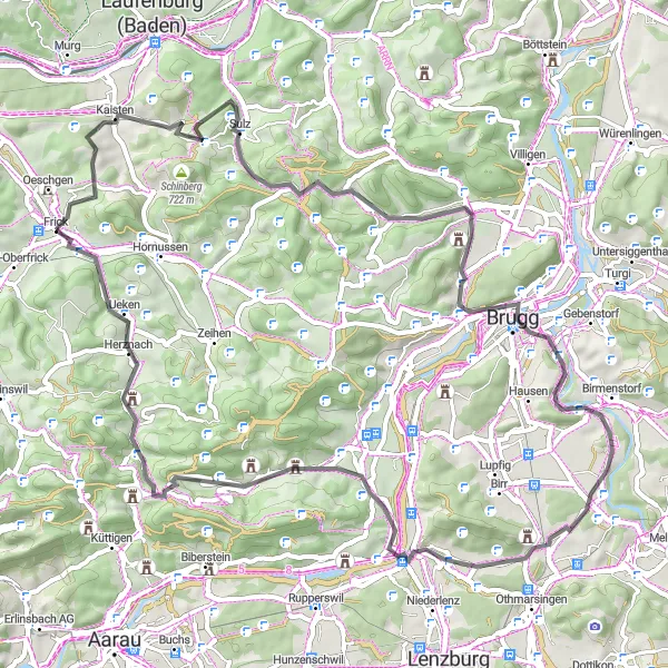 Miniatura della mappa di ispirazione al ciclismo "Cicloturismo da Oeschgen a Frick" nella regione di Nordwestschweiz, Switzerland. Generata da Tarmacs.app, pianificatore di rotte ciclistiche