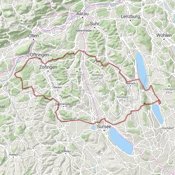 Miniaturní mapa "Gravel Adventure v blízkosti Fulenbachu" inspirace pro cyklisty v oblasti Nordwestschweiz, Switzerland. Vytvořeno pomocí plánovače tras Tarmacs.app