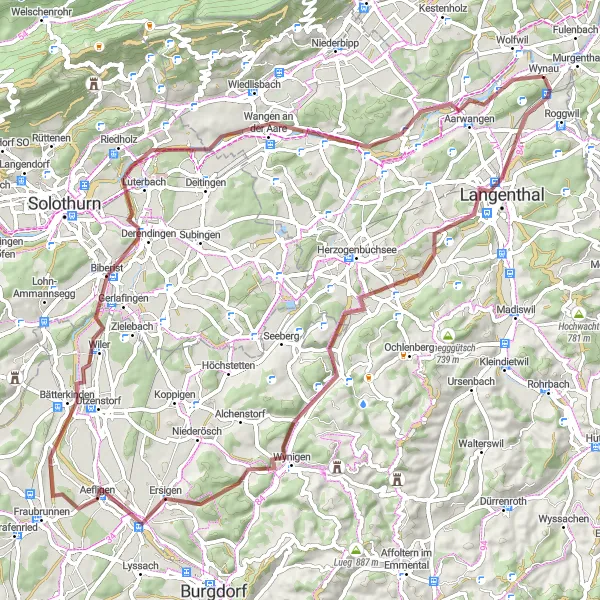 Mapa miniatúra "Gravel Tour Wynau - Wangen an der Aare" cyklistická inšpirácia v Nordwestschweiz, Switzerland. Vygenerované cyklistickým plánovačom trás Tarmacs.app