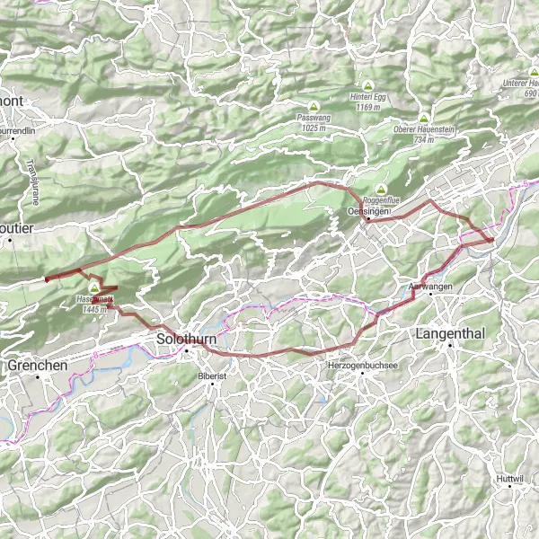 Miniatua del mapa de inspiración ciclista "Ruta de ciclismo de grava Fulenbach-Aarwangen-Dittiberg-Solothurn-Ruine Schauenburg-Hasenmatt-Räckholderhubel-Aedermannsdorf-Lehnflue-Oensingen-Neuendorf-Fulenbach" en Nordwestschweiz, Switzerland. Generado por Tarmacs.app planificador de rutas ciclistas