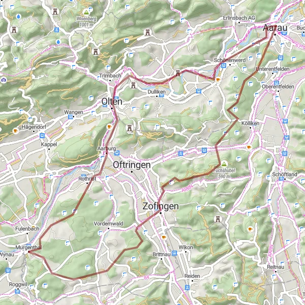 Zemljevid v pomanjšavi "Gravel Route Fulenbach - Murgenthal" kolesarske inspiracije v Nordwestschweiz, Switzerland. Generirano z načrtovalcem kolesarskih poti Tarmacs.app