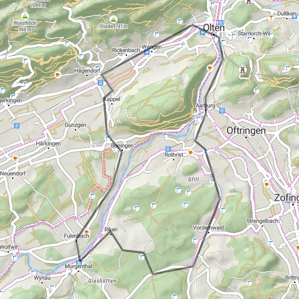 Miniatua del mapa de inspiración ciclista "Ruta de ciclismo de carretera Fulenbach-Känzeli-Olten-Murgenthal-Fulenbach" en Nordwestschweiz, Switzerland. Generado por Tarmacs.app planificador de rutas ciclistas