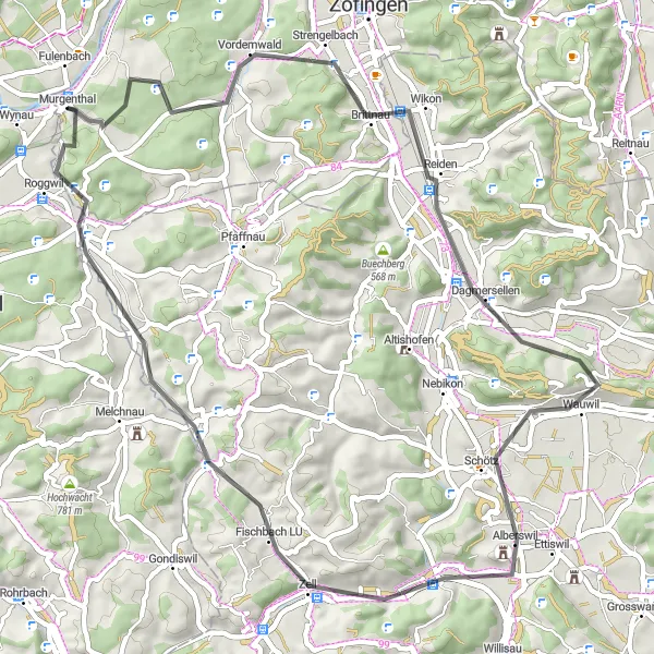 Miniatua del mapa de inspiración ciclista "Ruta de ciclismo de carretera Fulenbach-Murgenthal-Vordemwald-Reiden-Schötz-Zell-Isehuet-Roggwil-Fulenbach" en Nordwestschweiz, Switzerland. Generado por Tarmacs.app planificador de rutas ciclistas
