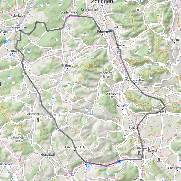 Miniaturní mapa "Road Cycling Adventure kolem Fulenbachu" inspirace pro cyklisty v oblasti Nordwestschweiz, Switzerland. Vytvořeno pomocí plánovače tras Tarmacs.app