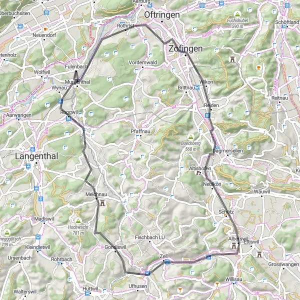 Miniaturní mapa "Cyklotrasa Rothrist - Murgenthal" inspirace pro cyklisty v oblasti Nordwestschweiz, Switzerland. Vytvořeno pomocí plánovače tras Tarmacs.app