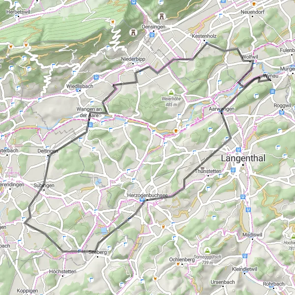 Miniatua del mapa de inspiración ciclista "Ruta de ciclismo de carretera Fulenbach-Aarwangen-Deitingen-Niederbipp-Wolfwil-Fulenbach" en Nordwestschweiz, Switzerland. Generado por Tarmacs.app planificador de rutas ciclistas