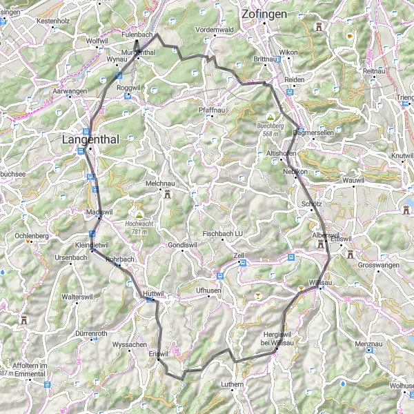 Miniatua del mapa de inspiración ciclista "Aventura Escénica por Alberswil y Bisig en Carretera" en Nordwestschweiz, Switzerland. Generado por Tarmacs.app planificador de rutas ciclistas