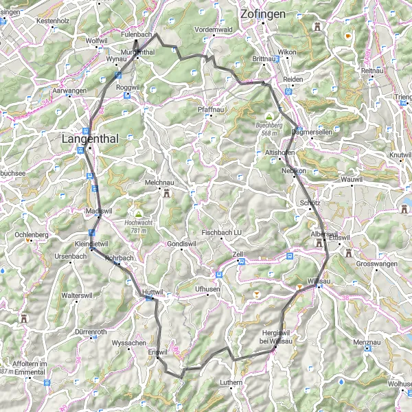 Miniatura della mappa di ispirazione al ciclismo "Tour ciclistico da Fulenbach a Murgenthal" nella regione di Nordwestschweiz, Switzerland. Generata da Tarmacs.app, pianificatore di rotte ciclistiche