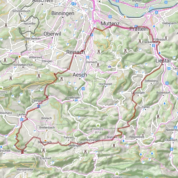 Miniatua del mapa de inspiración ciclista "Ruta de ciclismo en grava a Liestal y Nunningen" en Nordwestschweiz, Switzerland. Generado por Tarmacs.app planificador de rutas ciclistas