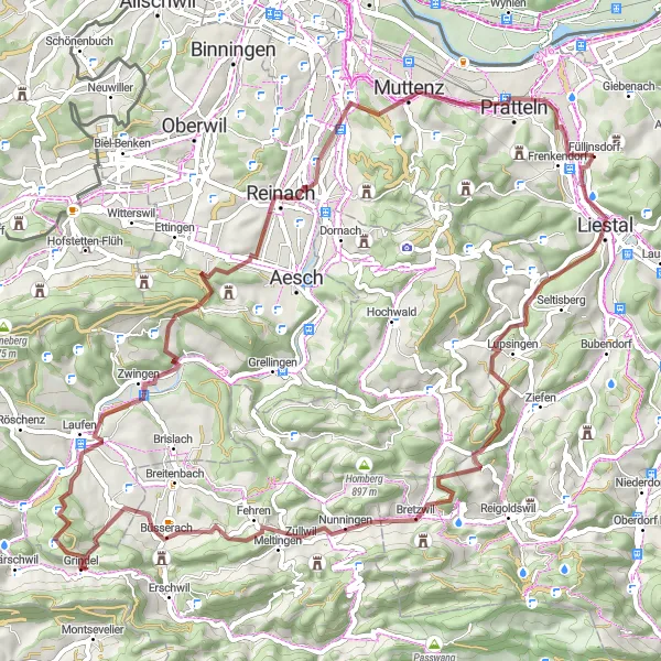 Map miniature of "Jura Mountain Gravel Adventure" cycling inspiration in Nordwestschweiz, Switzerland. Generated by Tarmacs.app cycling route planner