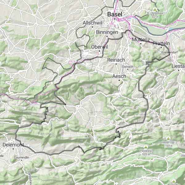 Miniaturní mapa "Vyhlídky a kopce kolem Füllinsdorfu" inspirace pro cyklisty v oblasti Nordwestschweiz, Switzerland. Vytvořeno pomocí plánovače tras Tarmacs.app