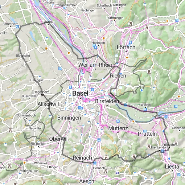 Miniatua del mapa de inspiración ciclista "Ruta escénica por Allschwil y Hornfelsen" en Nordwestschweiz, Switzerland. Generado por Tarmacs.app planificador de rutas ciclistas