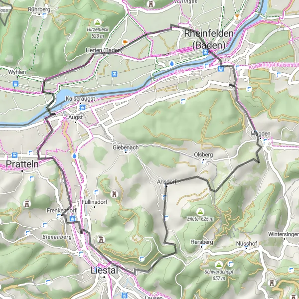 Zemljevid v pomanjšavi "Po sledeh zgodovine in narave" kolesarske inspiracije v Nordwestschweiz, Switzerland. Generirano z načrtovalcem kolesarskih poti Tarmacs.app