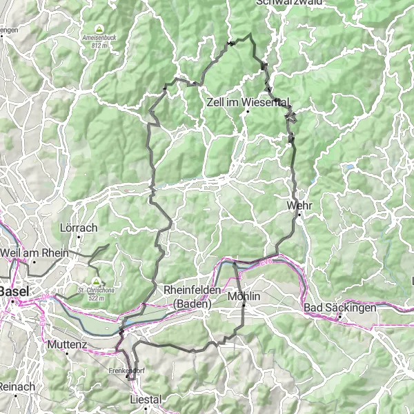 Miniature de la carte de l'inspiration cycliste "Les montagnes de la Forêt-Noire et les vues panoramiques" dans la Nordwestschweiz, Switzerland. Générée par le planificateur d'itinéraire cycliste Tarmacs.app