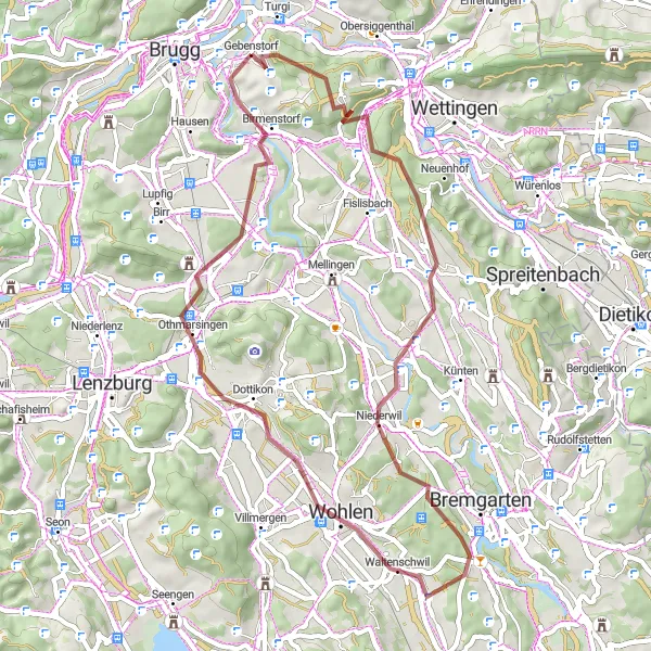 Zemljevid v pomanjšavi "Razgibana gravel kolesarska pot okoli Gebenstorf" kolesarske inspiracije v Nordwestschweiz, Switzerland. Generirano z načrtovalcem kolesarskih poti Tarmacs.app