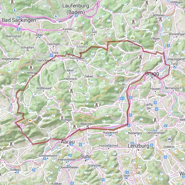 Miniatura della mappa di ispirazione al ciclismo "Gebenstorf - Brugg - Stäbliplatz - Chispisrai - Aarau - Geissflue - Anwil - Gipf-Oberfrick - Dimmis - Turgi - Gebenstorfer Horn - Gebenstorf" nella regione di Nordwestschweiz, Switzerland. Generata da Tarmacs.app, pianificatore di rotte ciclistiche