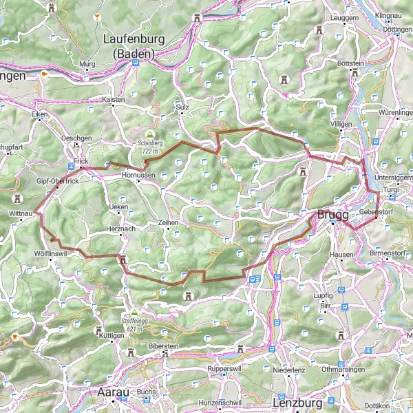 Karten-Miniaturansicht der Radinspiration "Abenteuerliche Tour nach Wölflinswil und Frick" in Nordwestschweiz, Switzerland. Erstellt vom Tarmacs.app-Routenplaner für Radtouren