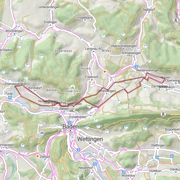 Karttaminiaatyyri "Gravel-retki Obersiggenthalista Kirchdorfiin" pyöräilyinspiraatiosta alueella Nordwestschweiz, Switzerland. Luotu Tarmacs.app pyöräilyreittisuunnittelijalla