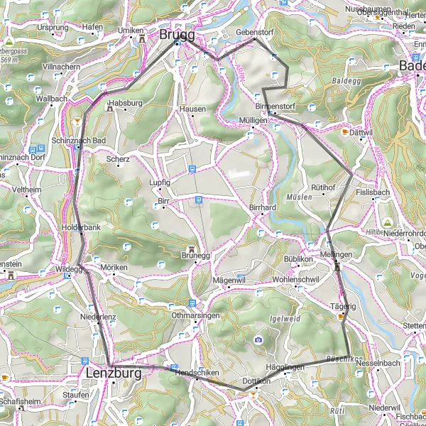 Miniature de la carte de l'inspiration cycliste "Tour du Château Habsbourg" dans la Nordwestschweiz, Switzerland. Générée par le planificateur d'itinéraire cycliste Tarmacs.app