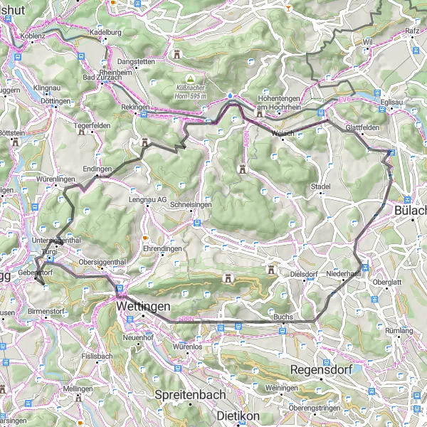 Kartminiatyr av "Vägcykel Würenlingen Loop" cykelinspiration i Nordwestschweiz, Switzerland. Genererad av Tarmacs.app cykelruttplanerare