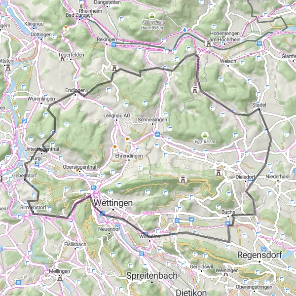 Mapa miniatúra "Trasa cez Belchen a Birmenstorf" cyklistická inšpirácia v Nordwestschweiz, Switzerland. Vygenerované cyklistickým plánovačom trás Tarmacs.app