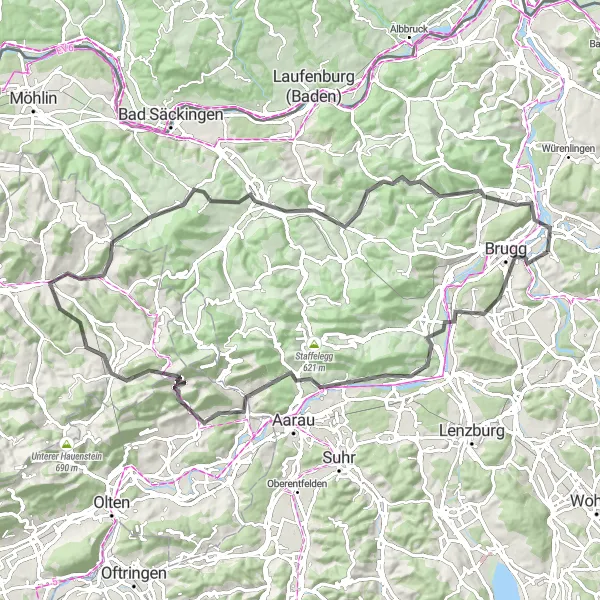 Miniatua del mapa de inspiración ciclista "Ruta de Carretera Gebenstorf - Frick - Iberg" en Nordwestschweiz, Switzerland. Generado por Tarmacs.app planificador de rutas ciclistas