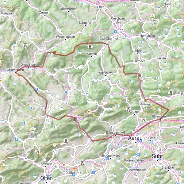 Miniatua del mapa de inspiración ciclista "Recorrido de ciclismo de gravilla entre montañas y bosques" en Nordwestschweiz, Switzerland. Generado por Tarmacs.app planificador de rutas ciclistas