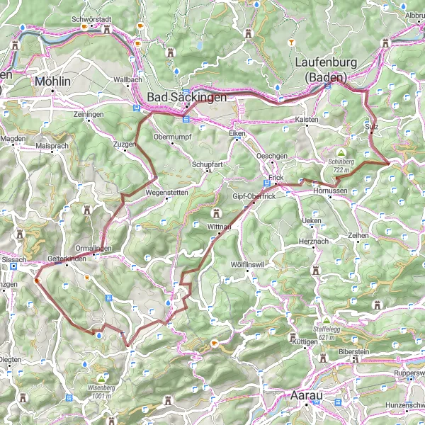 Miniatua del mapa de inspiración ciclista "Aventura de gravilla por los pueblos suizos" en Nordwestschweiz, Switzerland. Generado por Tarmacs.app planificador de rutas ciclistas