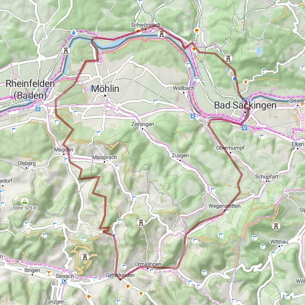 Map miniature of "Gelterkinden - Bad Säckingen - Gelterkinden" cycling inspiration in Nordwestschweiz, Switzerland. Generated by Tarmacs.app cycling route planner