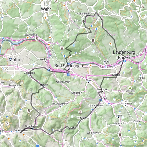 Map miniature of "Rheinfelden Loop" cycling inspiration in Nordwestschweiz, Switzerland. Generated by Tarmacs.app cycling route planner