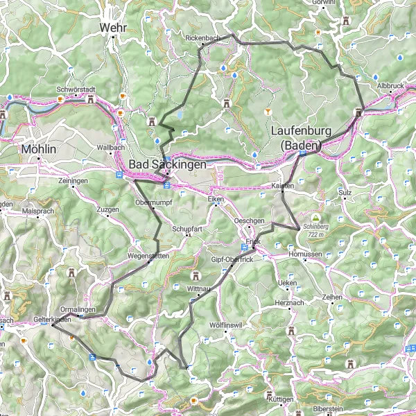 Map miniature of "Rheinfelden Extravaganza" cycling inspiration in Nordwestschweiz, Switzerland. Generated by Tarmacs.app cycling route planner