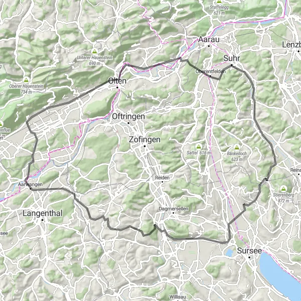 Map miniature of "Discovering the Hills of Nordwestschweiz" cycling inspiration in Nordwestschweiz, Switzerland. Generated by Tarmacs.app cycling route planner