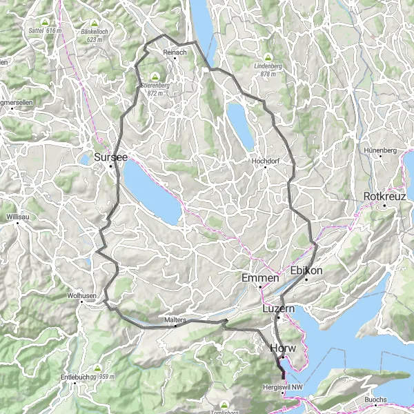 Zemljevid v pomanjšavi "Pitoreskna cestna pot proti Luzernu" kolesarske inspiracije v Nordwestschweiz, Switzerland. Generirano z načrtovalcem kolesarskih poti Tarmacs.app