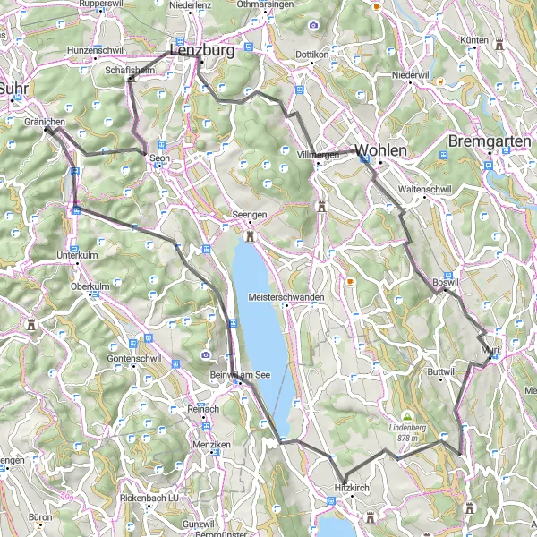 Miniature de la carte de l'inspiration cycliste "Parcours Routier Staufberg-Lenzburg-Wohlen-Muri-Hitzkirch-Beinwil am See-Teufenthal" dans la Nordwestschweiz, Switzerland. Générée par le planificateur d'itinéraire cycliste Tarmacs.app