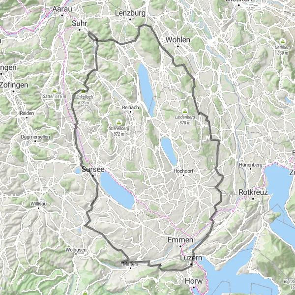 Miniatura della mappa di ispirazione al ciclismo "Giro in bicicletta attraverso Schürberg a Malters" nella regione di Nordwestschweiz, Switzerland. Generata da Tarmacs.app, pianificatore di rotte ciclistiche